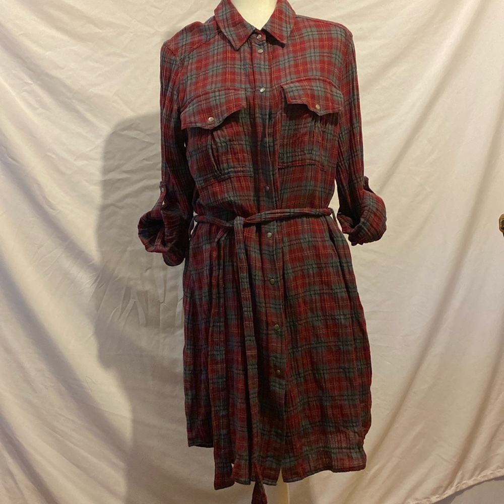 Kut From The Kloth red and gray plaid snap front shirt dress size L - Picture 2 of 12
